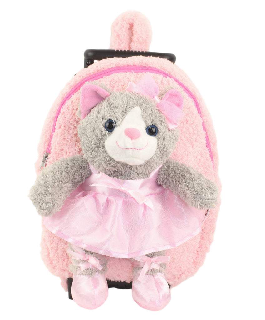 Popatu Kid's Pink Rolling Backpack with Grey Kitty Removable Plush - Popatu