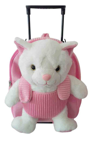 Popatu Kid's White Kitty Rolling Backpack with Removable Plush