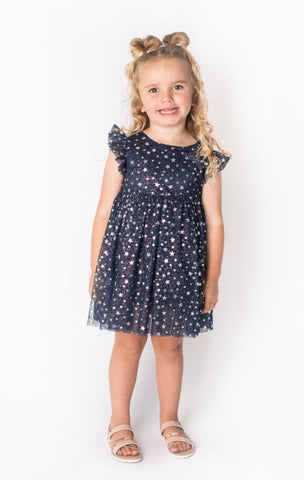 Little Girl's Navy Dress with Silver Stars