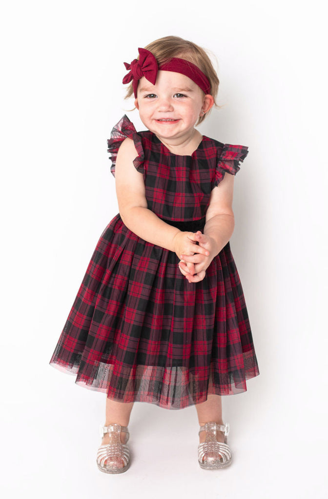 Baby Girl's and Little Girl's Plaid Burgundy Tulle Dress