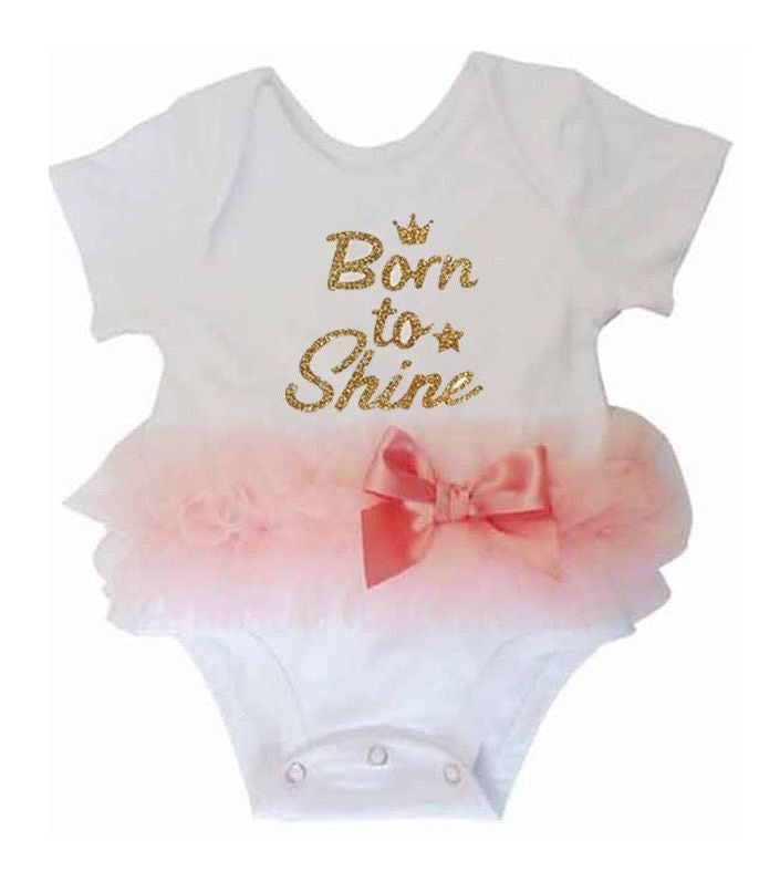 Baby Girl's "Born to Shine" Peach Ruffle Bodysuit