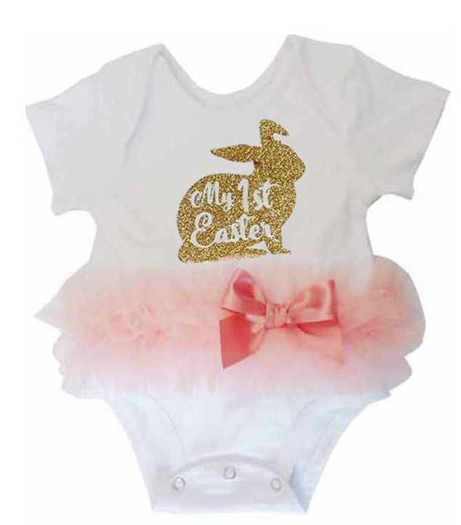 Baby Girl's "My 1St Easter Bunny" Peach Ruffle Bodysuit
