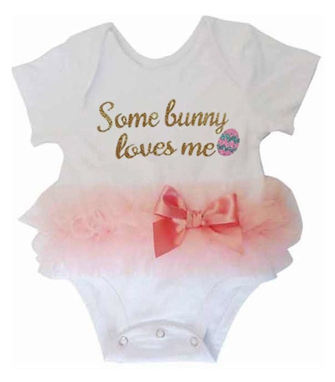 Baby Girl's "Some bunny loves me" Peach Ruffle Bodysuit