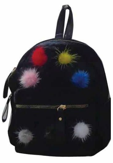 black fluffy mini backpack Multi Color Pom Poms Little Girls Backpack– Popatu