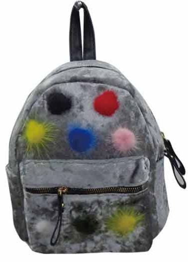 gray velvet mini backpack Multi Color Pom Poms Little Girls Backpack