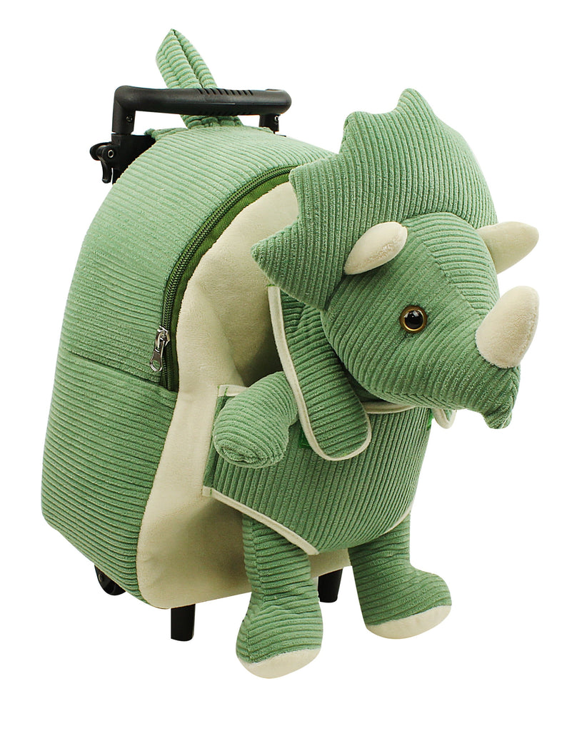 Kid's Green Triceratops Rolling Backpack with Removable Plush