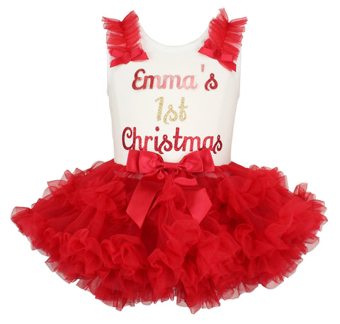 Popatu Personalized 1st Christmas Ruffle Dress - Popatu pageant and easter petti dress