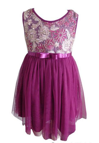 Popatu Big Girl's Plum Embroidered Tulle Dress-SIZE 10
