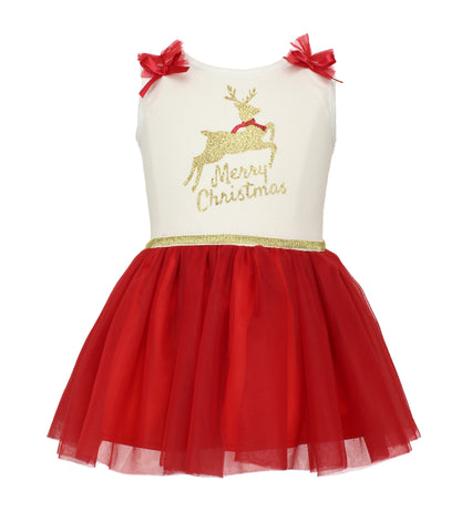Popatu Girl's Merry Christmas with Reindeer Tulle Dress