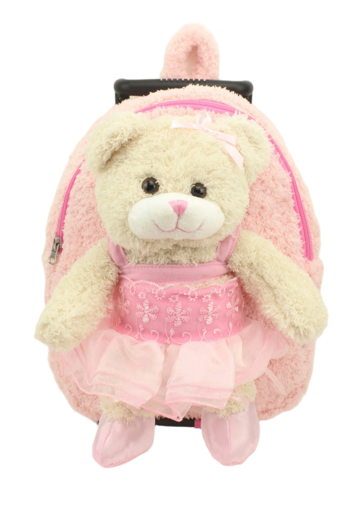 Kid's Pink Rolling Backpack with Ballerina Bear Stuffed Animal Removable Plush