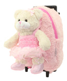 Kid's Pink Rolling Backpack with Ballerina Bear Stuffed Animal Removable Plush