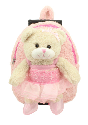 Kid's Pink Rolling Backpack with Ballerina Bear Stuffed Animal Removable Plush