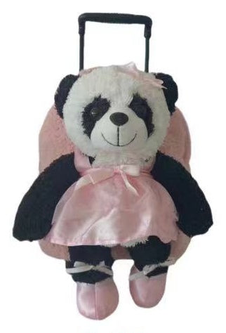 Popatu Kid's Pink Rolling Backpack with Ballerina Panda Removable Plush