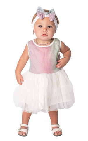 Popatu Baby Girls Shimmery Rainbow Dress with Matching Bow Headband