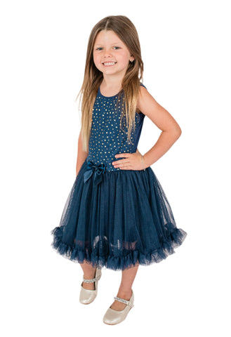 Little Girl's Navy Blue Petti Tutu Ruffle Dress with Stars