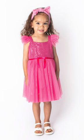 Popatu Baby Girl's Hot Pink Glittery Dot Tulle Dress
