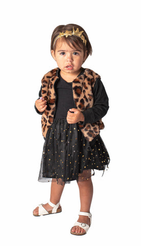 Popatu Baby Girl's Black Dress with Leopard Faux Fur Vest 2-PC Set