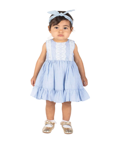 Baby Girl's Light Blue Stripe Prairie Dress with Lace Embellishments - Popatu