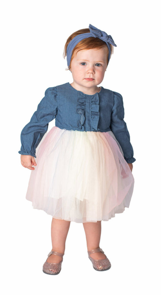 Popatu Kids' Denim And Rainbow Tulle Dress in Blue/Rainbow at Nordstrom Rack, Size 18M