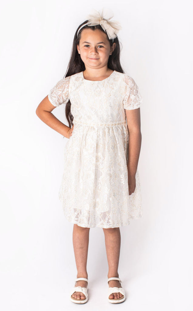 Popatu Little Girl's White Elegant Lace Dress