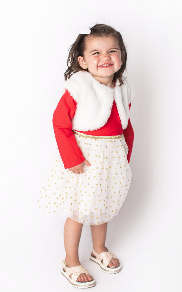 Popatu Baby Girls Red and White Long Sleeve Dress with Faux Fur Bolero