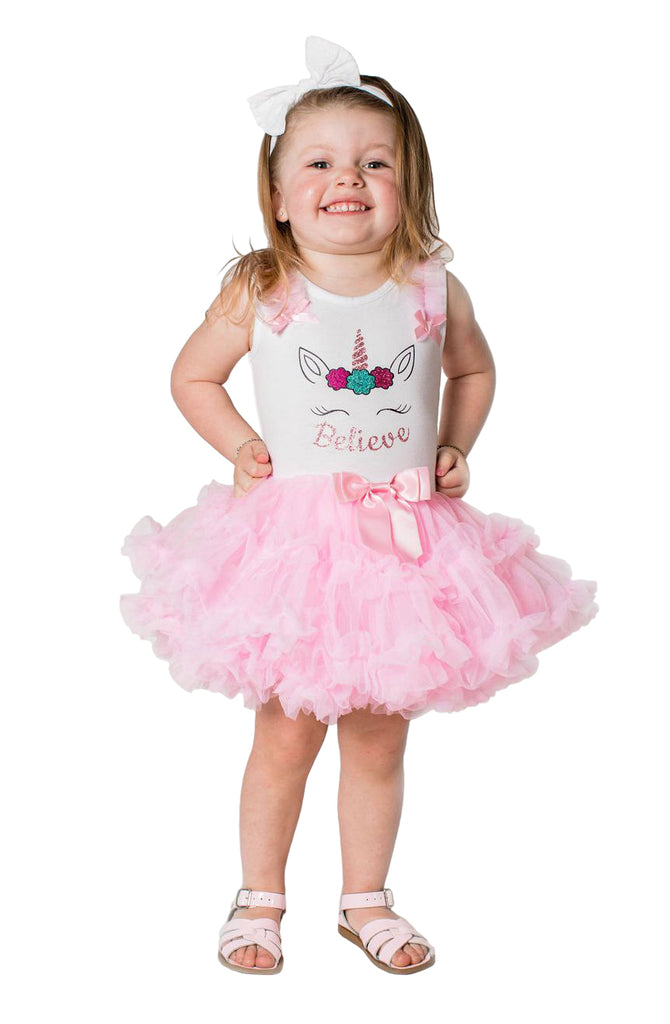Popatu Little Girls "Believe"" Unicorn Ruffle Petti Dress - Popatu