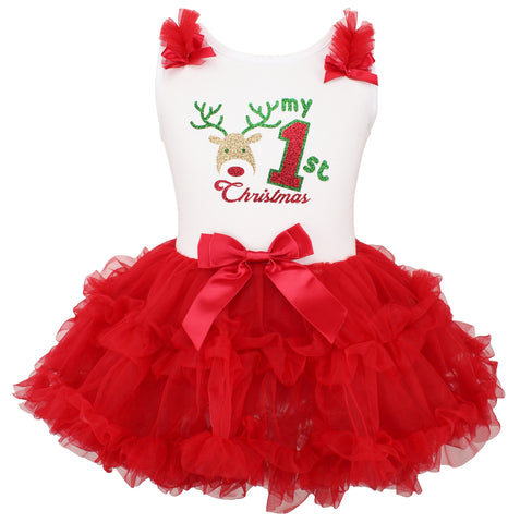Popatu Baby Girls Red Reindeer My 1st Christmas Dress