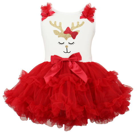 Popatu Baby Girls Reindeer Bow Christmas Ruffle Dress - Popatu pageant and easter petti dress