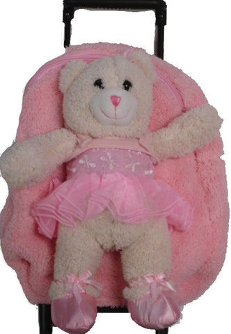 Popatu Pink Rolling Backpack with Ballerina Bear Stuffed Animal - Popatu pageant and easter petti dress