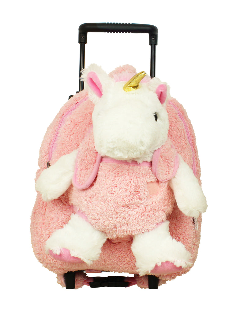 Popatu Kid's White Stuffed Animal Unicorn Pink Rolling Backpack Removable Plush - Popatu