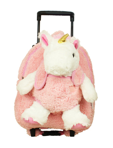 Popatu Kid's White Stuffed Animal Unicorn Pink Rolling Backpack Removable Plush - Popatu