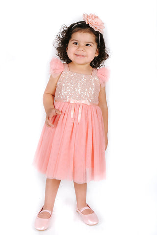 Popatu Little Girls Peach Gold Sequin Tulle Dress, 4 Popatu Little Girls Peach Gold Sequin Tulle Dress, 4