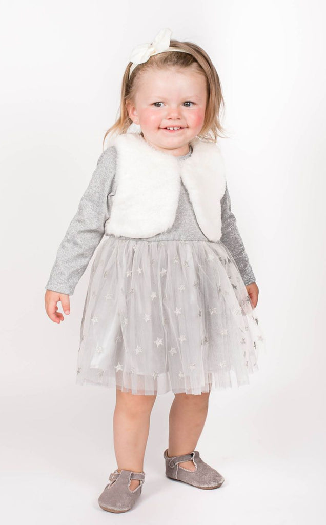 Popatu Baby Girls Grey Dress with Faux Fur Vest