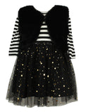 Popatu Baby Girls Black and white Stripe Dress with Faux Fur Vest- 2 Pc Set