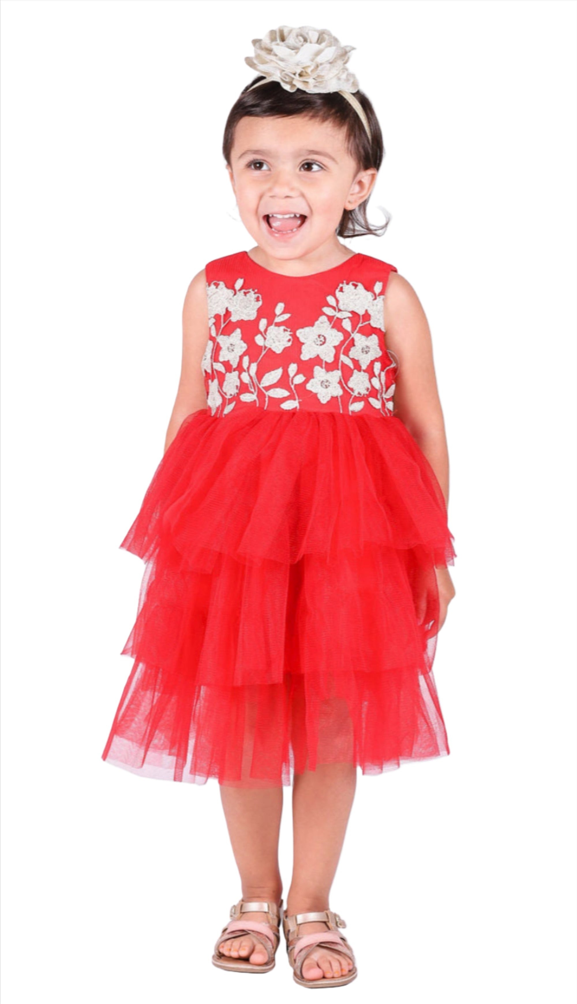 Baby Girl Red Floral Tiered Tulle Dress– Popatu