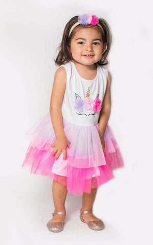 Popatu Baby Girls Hotpink and Purple Unicorn Dress with Matching Headband