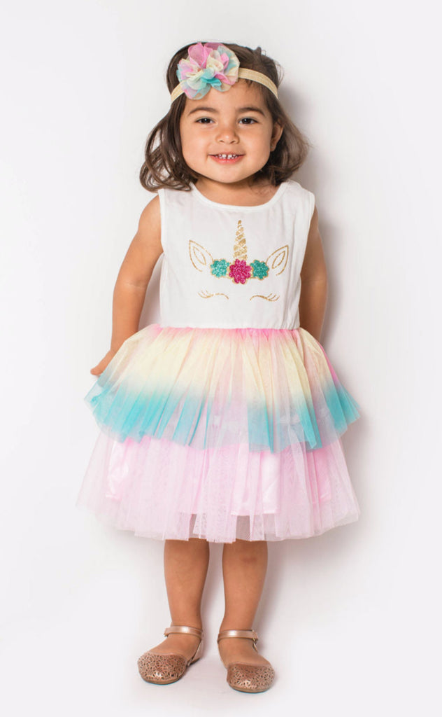 Popatu Baby Girls Unicorn Rainbow Dress with Matching Headband