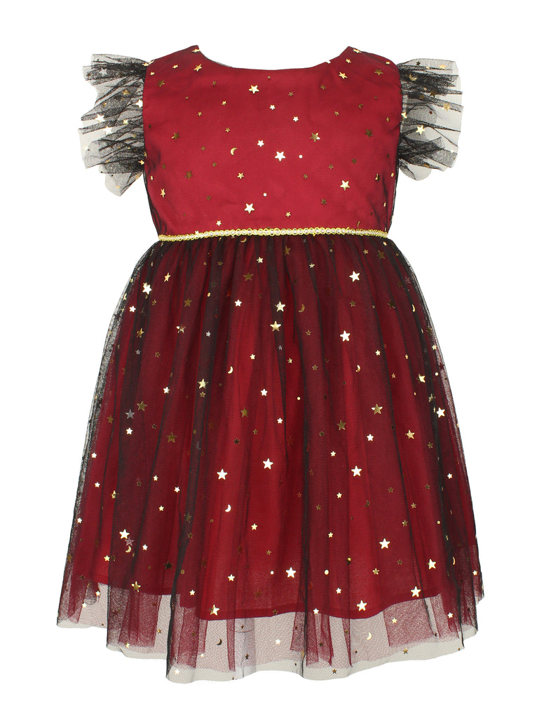 Little Girls Burgandy Gold Foil Stars Dress