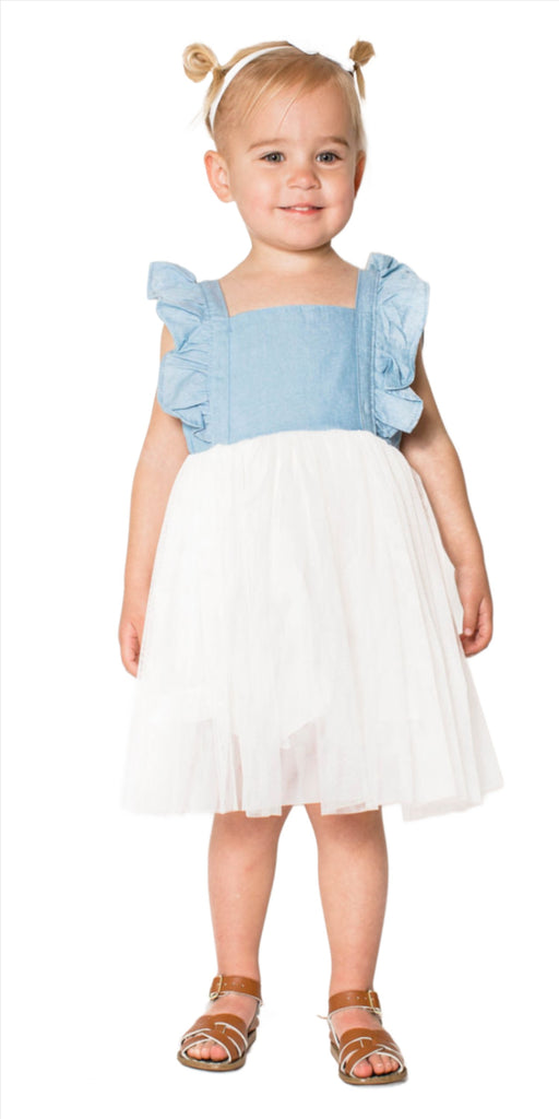 Popatu Little Girls White and Blue Flutter Dress