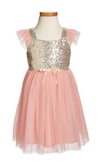 Popatu Little Girls Peach Gold Sequin Tulle Dress