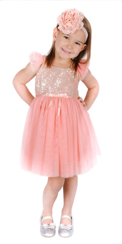 Popatu Little Girls Peach Gold Sequin Tulle Dress - Popatu