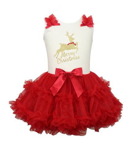 Popatu Baby Girls Gold Reindeer "Merry Christmas" Ruffle Dress