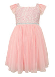 Popatu Little Girls Pink Brocade Flutter Sleeve Dress