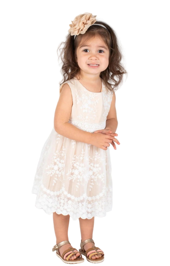 Little Girl's Flower Embroidered Overlay Beige Dress - Popatu