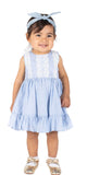 Popatu Baby Girls Light Blue Stripe Prarie Dress with Lace Embellishments
