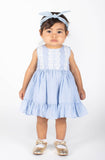 Popatu Baby Girls Light Blue Stripe Prarie Dress with Lace Embellishments