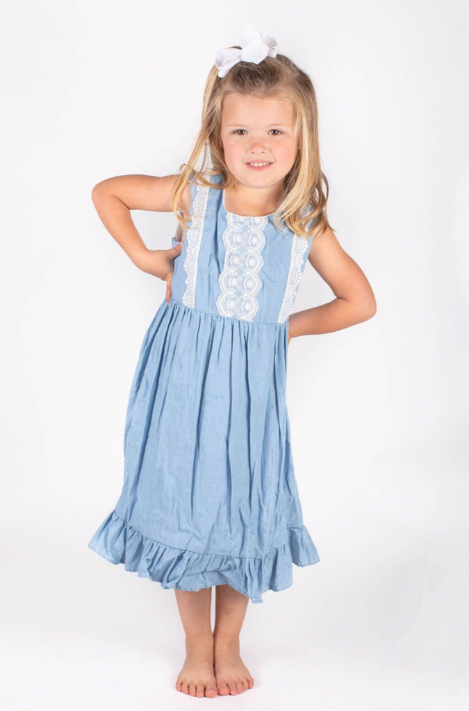 Little Girls Blue Chambray Lace Dress– Popatu - Main Image