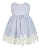 Popatu Baby Girls Blue Stripes Lace Trim Dress