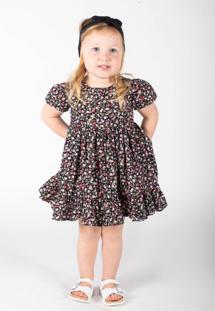 Popatu Baby Girls Black Floral Pattern Cap Sleeve Dress