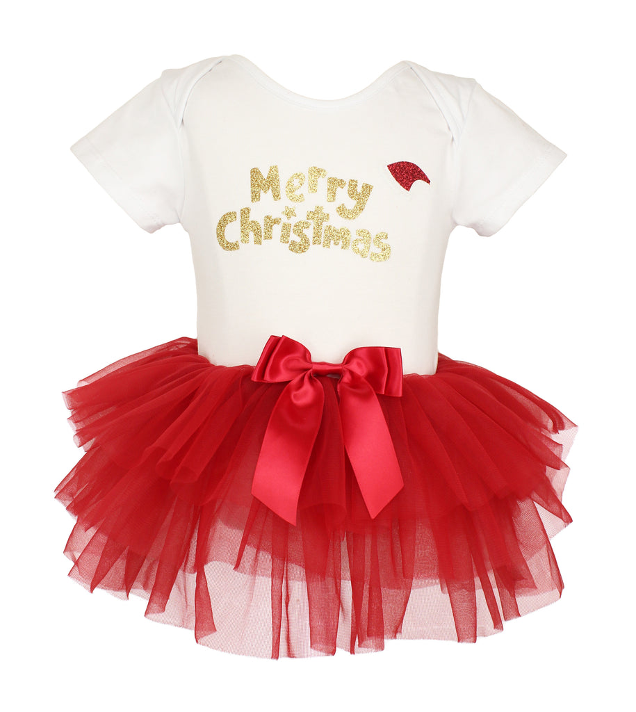 Popatu Baby Girl's Merry Christmas with Hat Skirted Bodysuit